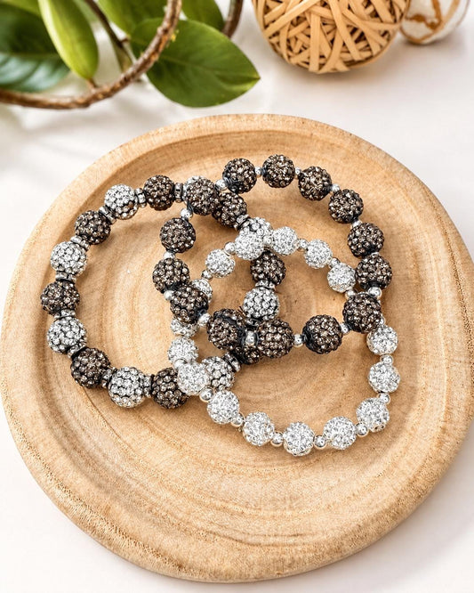 Elegant Sparkle Shamballa Bead Bracelets Grey Black White Handmade Jewelry Gift Set for Women - Stretchy, No Clasp Design
