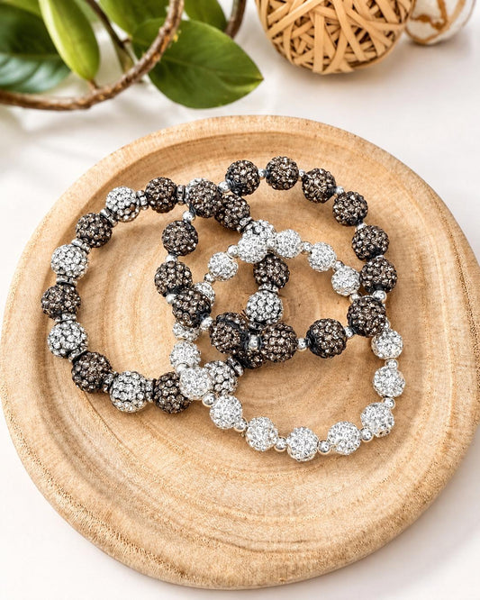 Elegant Sparkle Shamballa Bead Bracelets Grey Black White Handmade Jewelry Gift Set for Women - Stretchy, No Clasp Design