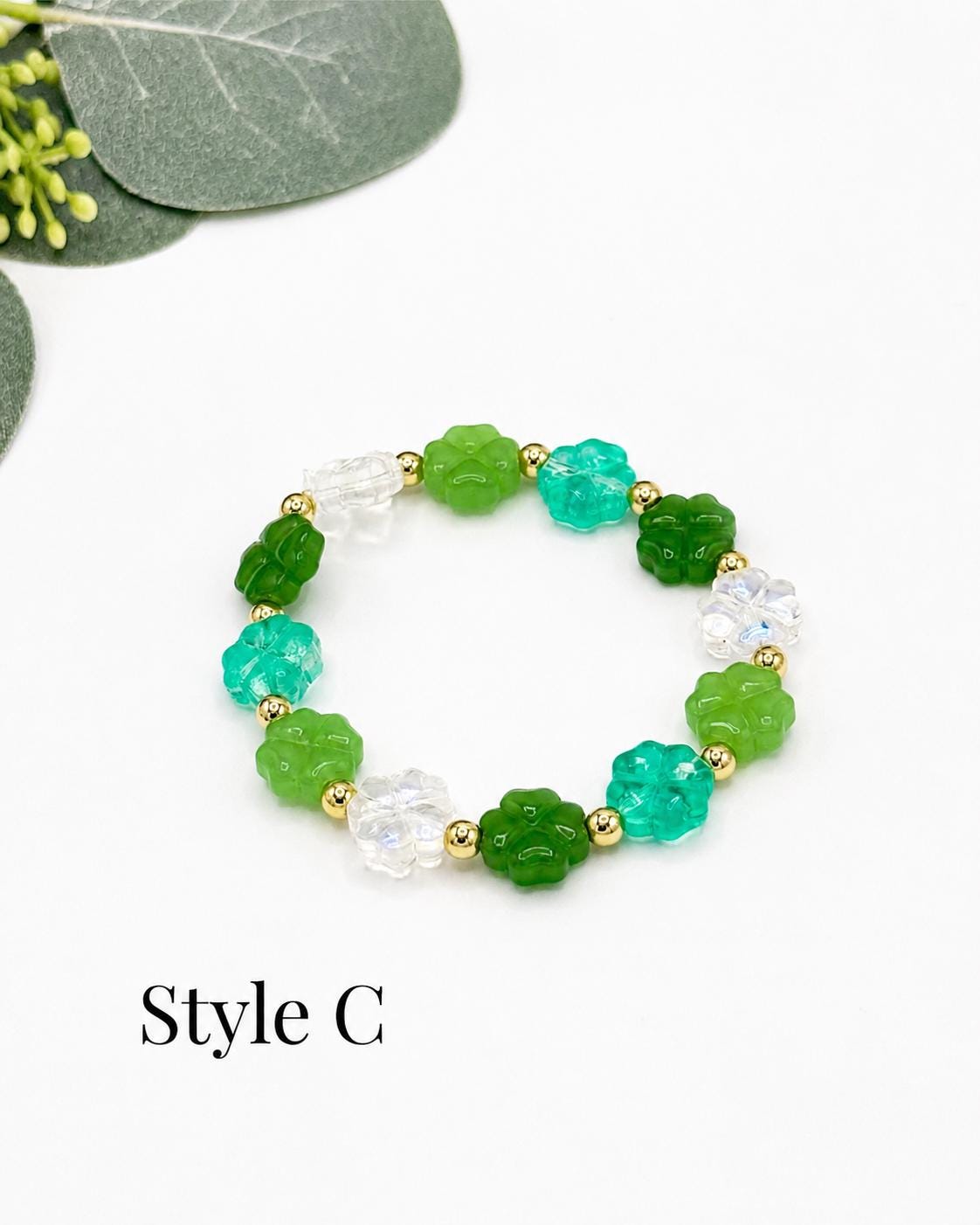 Lucky Charm: Green Glass Four Leaf Clover Bracelet - Stretchy, No Clasp Design