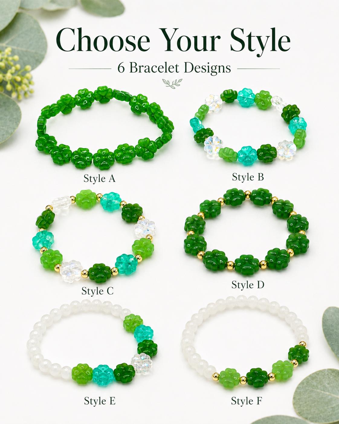 Lucky Charm: Green Glass Four Leaf Clover Bracelet - Stretchy, No Clasp Design