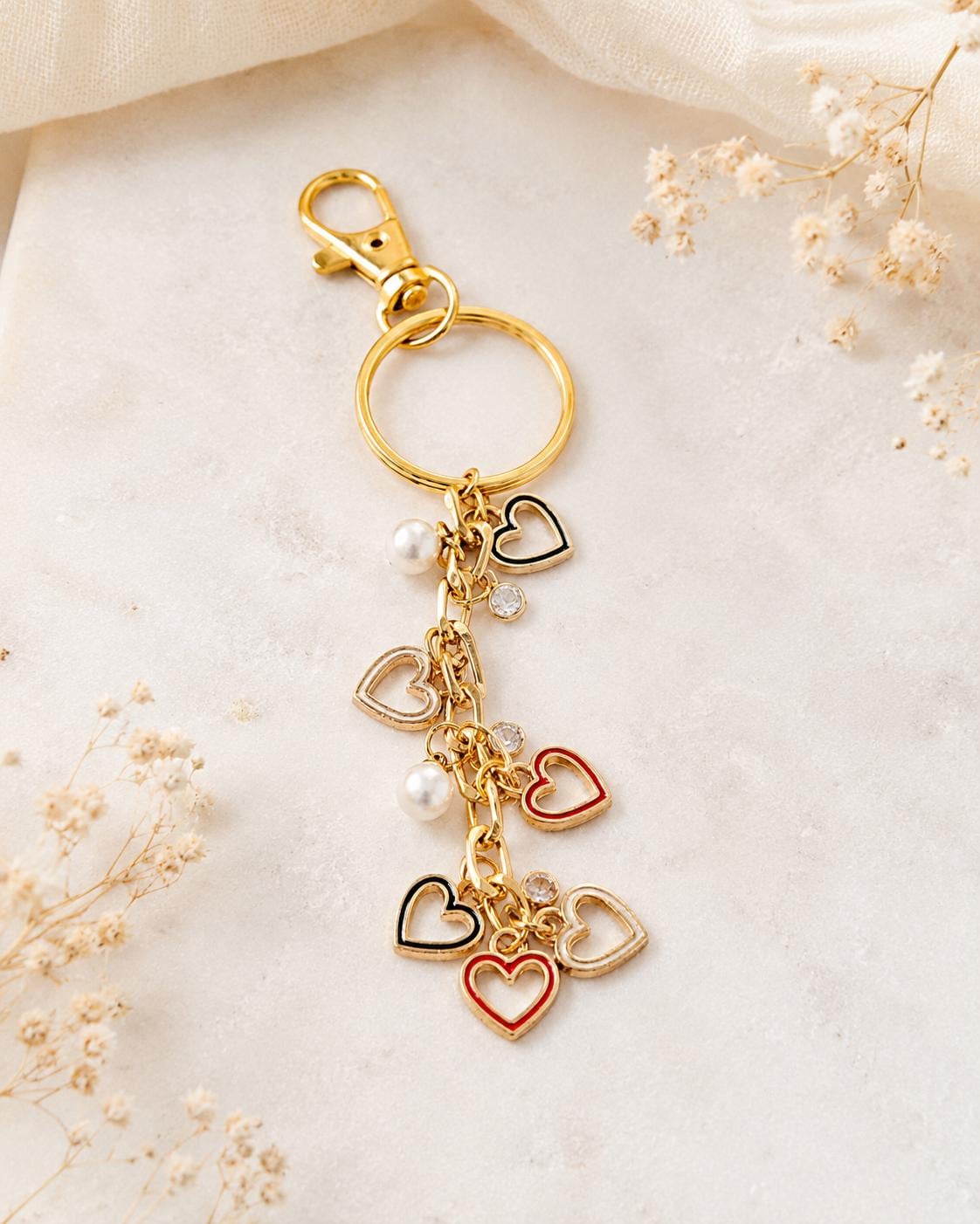 Gold Heart Charmed Keychains- Red/Black/White Hearts