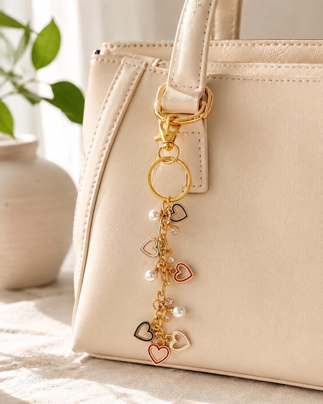 Gold Heart Charmed Keychains- Red/Black/White Hearts