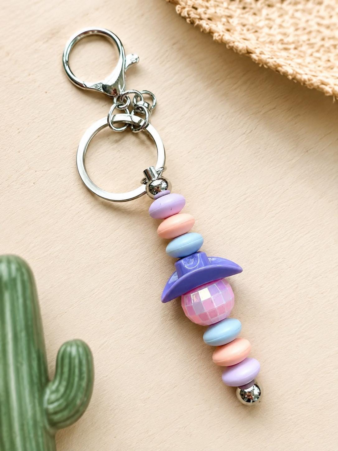 Cowboy Hat Disco Ball Beaded Keychain
