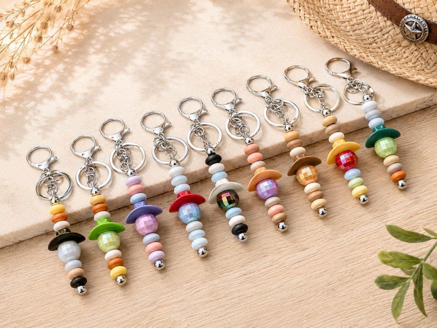 Cowboy Hat Disco Ball Beaded Keychain