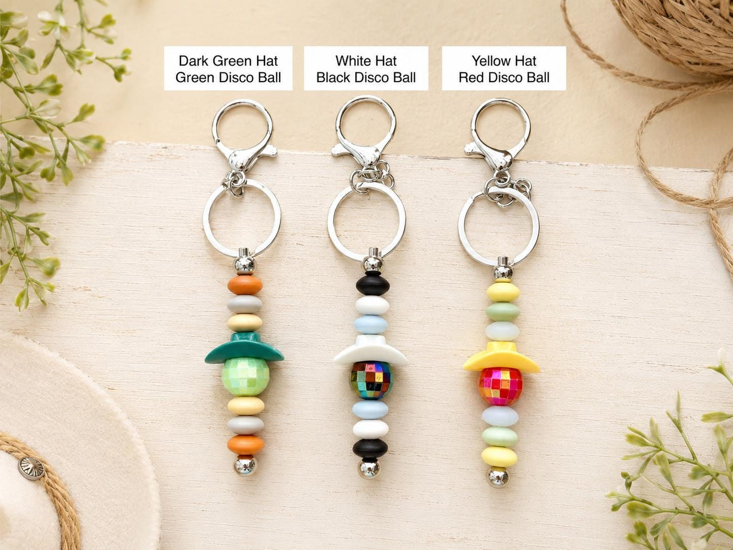 Cowboy Hat Disco Ball Beaded Keychain