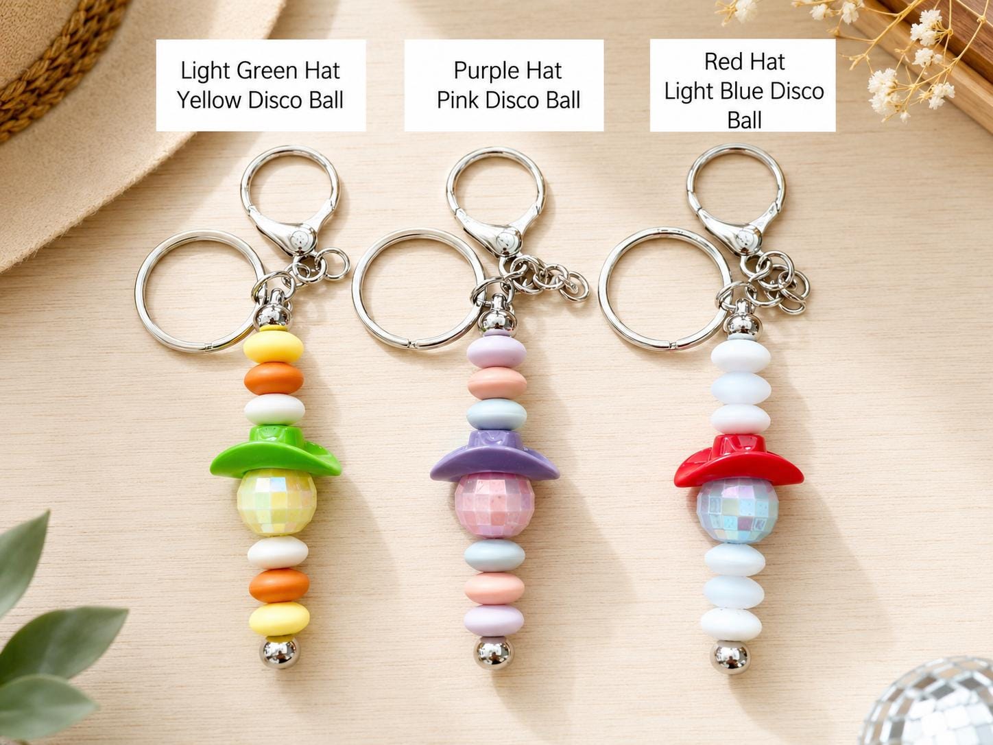 Cowboy Hat Disco Ball Beaded Keychain