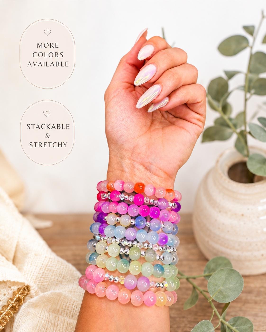 Lucky Charm: Green Glass Four Leaf Clover Bracelet - Stretchy, No Clasp Design