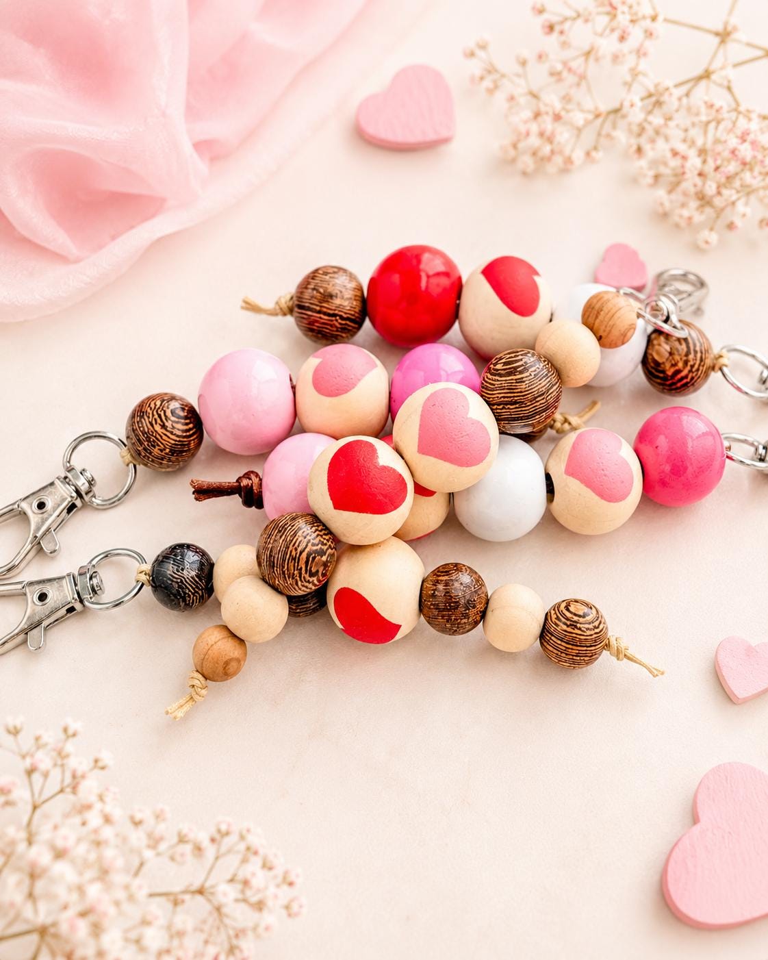 Wooden Heart Beaded Keychains