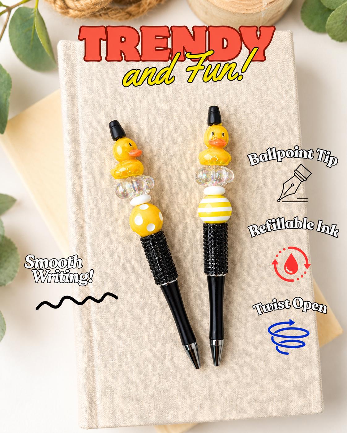 Cowboy Duck Beaded Pen, Iridescent Duck Charm Pen, Rhinestone Black or White Teacher Gift