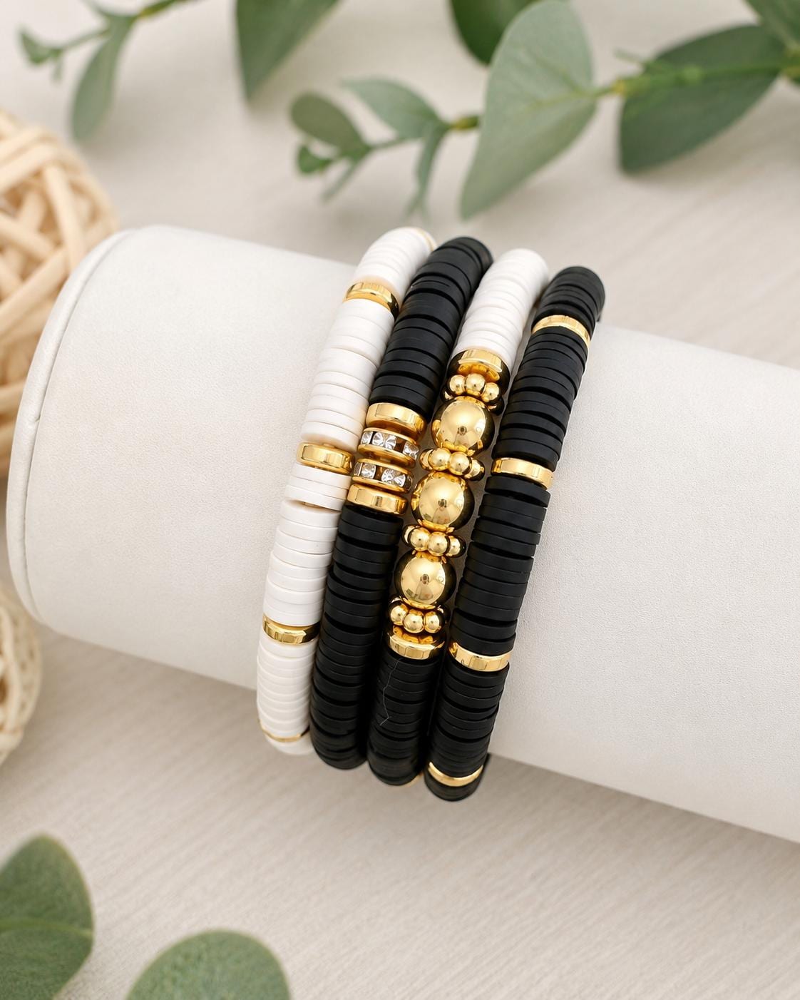 Black White Gold Heishi Bracelet Stack: 14k Gold