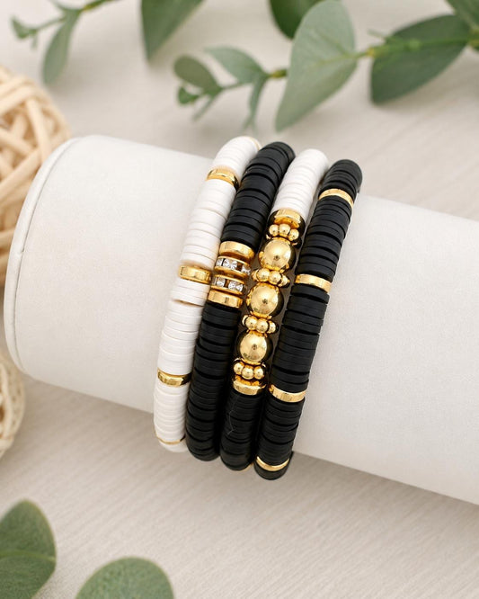 Black White Gold Heishi Bracelet Stack: 14k Gold