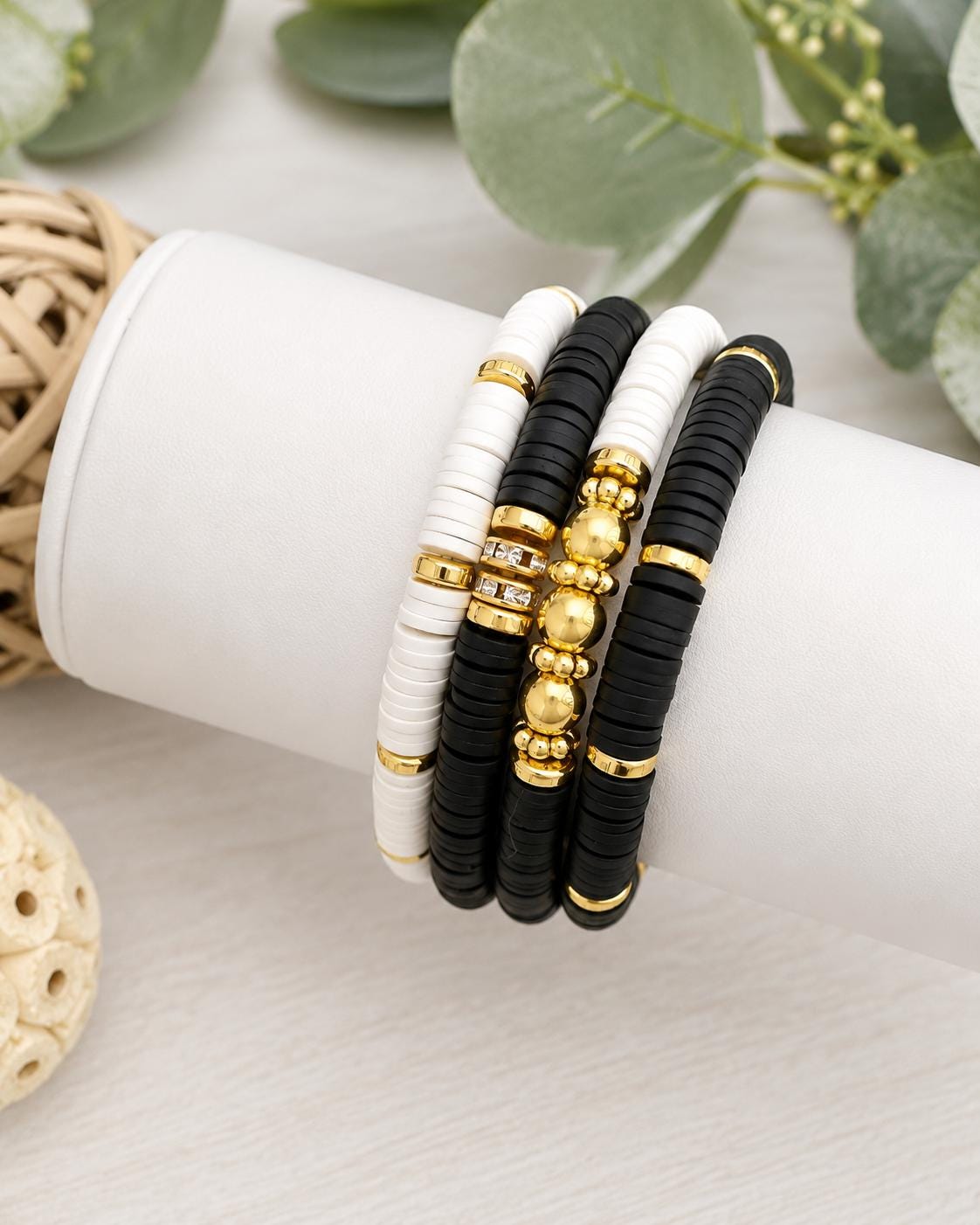 Black White Gold Heishi Bracelet Stack: 14k Gold