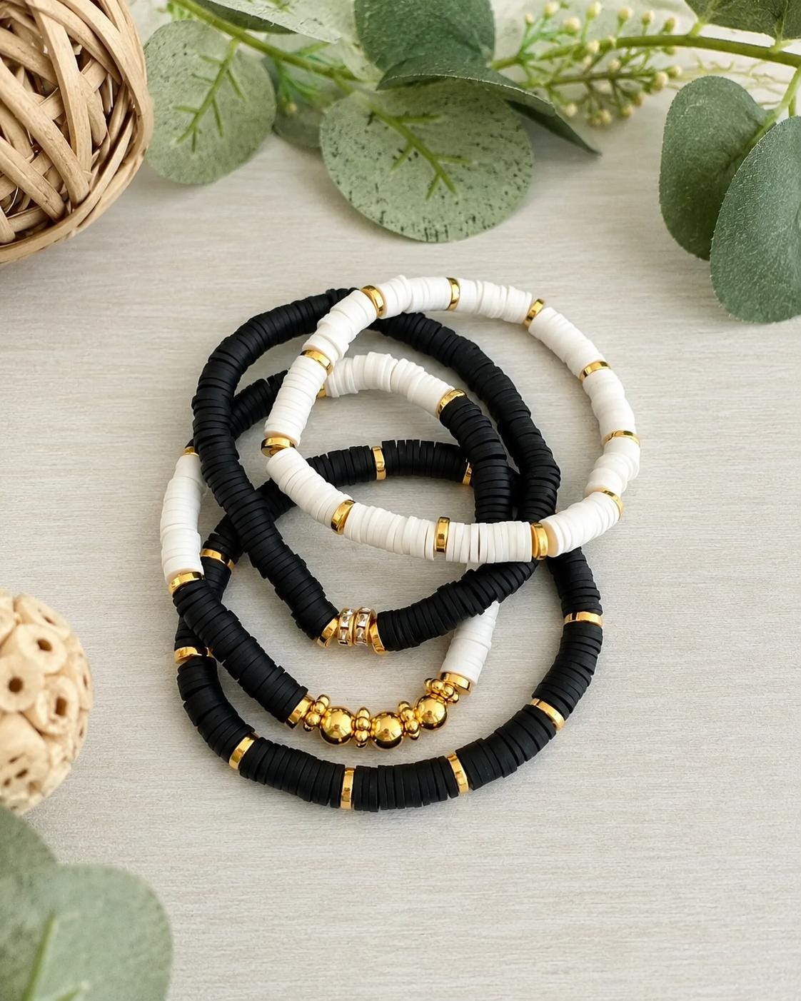 Black White Gold Heishi Bracelet Stack: 14k Gold
