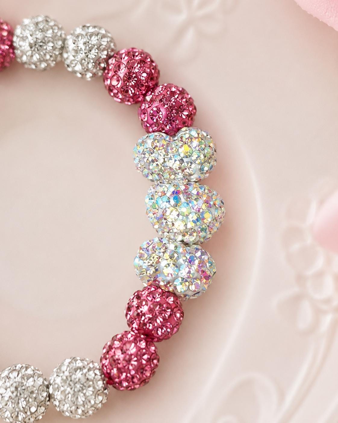 Rhinestone Heart- Pink & White Beaded Bracelets