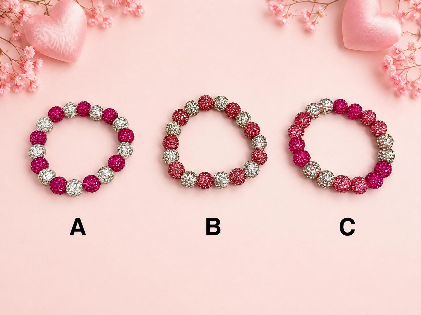 Rhinestone Heart- Pink & White Beaded Bracelets