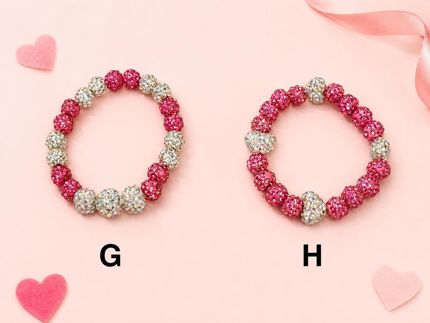 Rhinestone Heart- Pink & White Beaded Bracelets