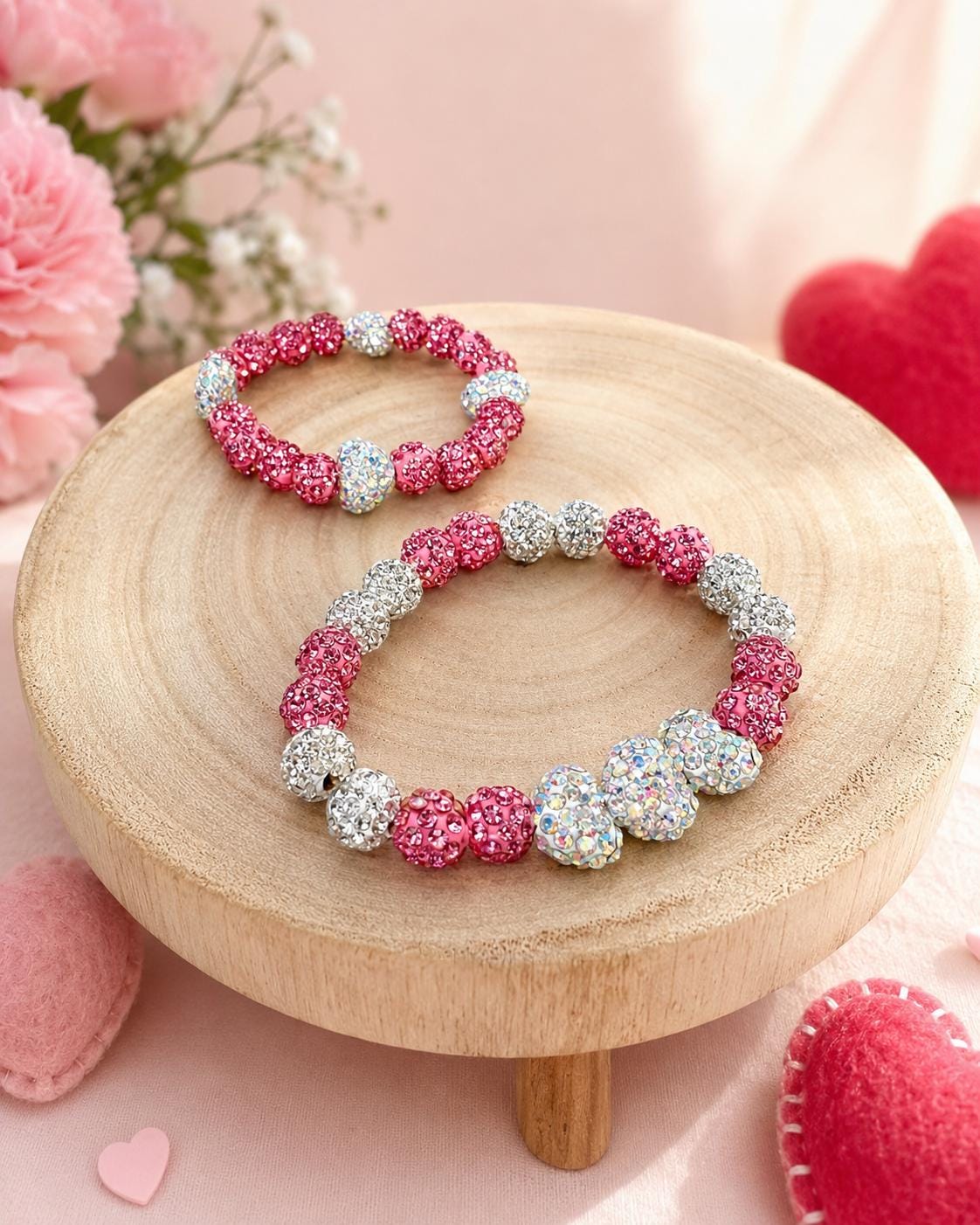 Rhinestone Heart- Pink & White Beaded Bracelets