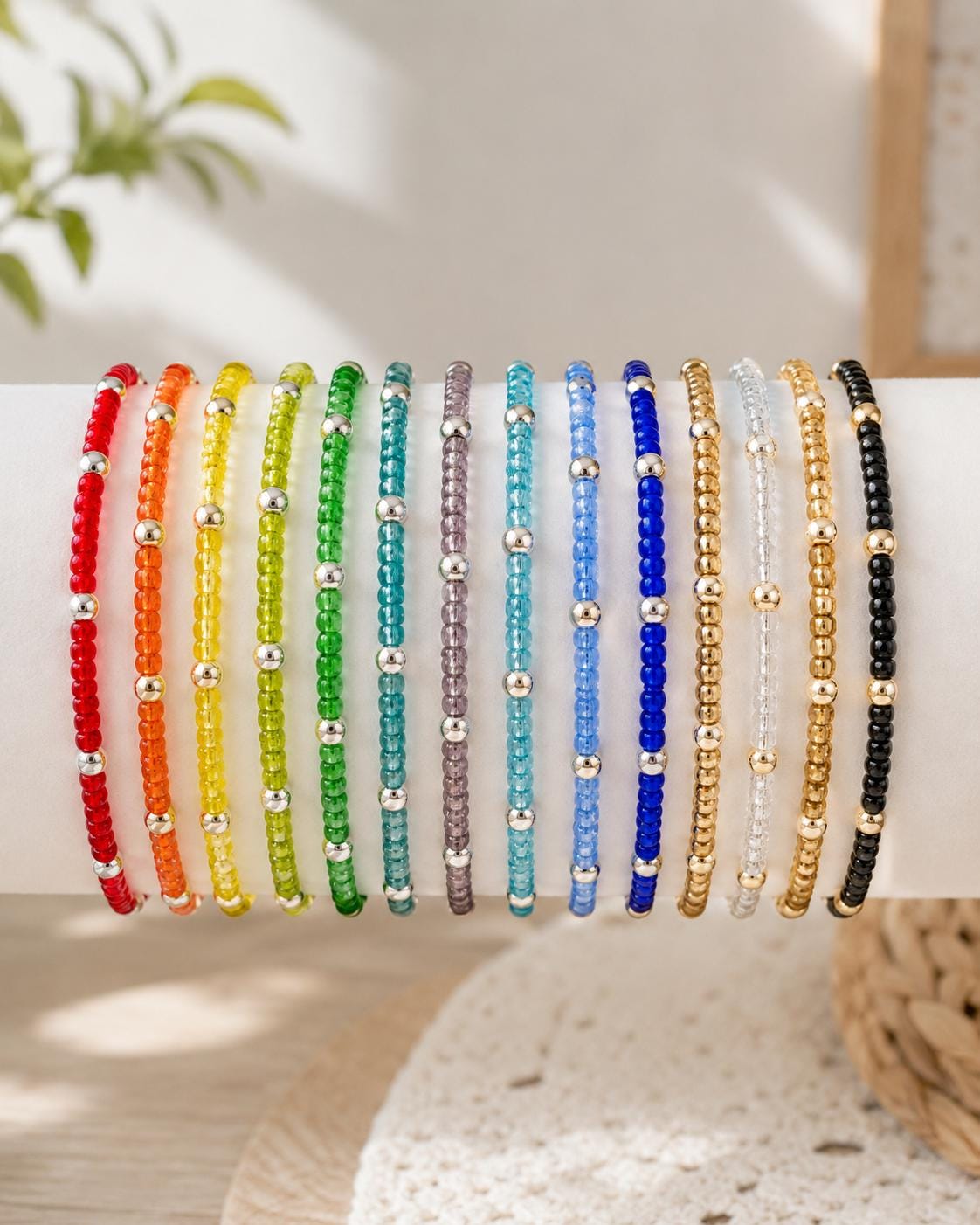 Dainty Glass Seed Bead Bracelet- 14k Gold