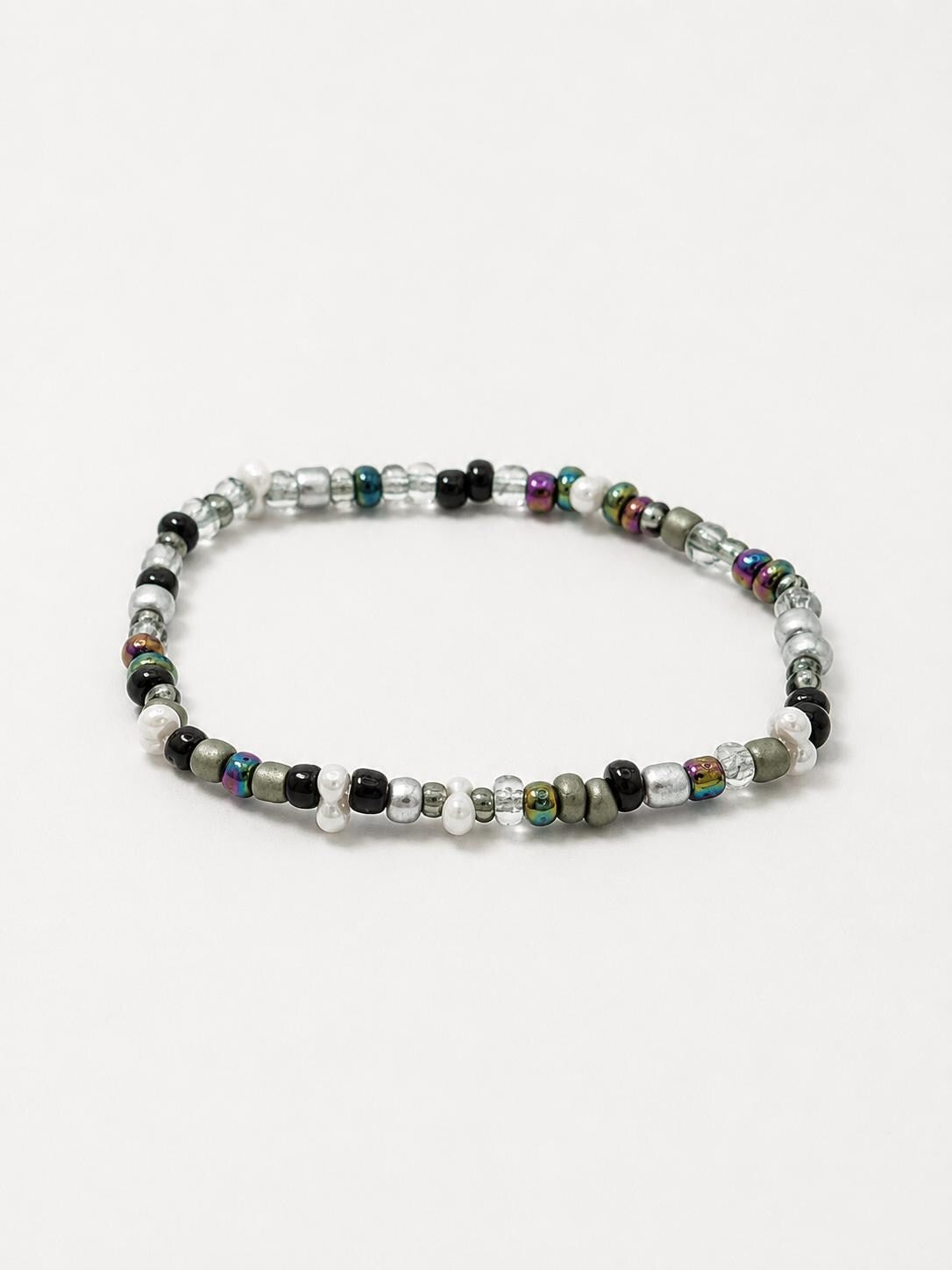 Midnight Sky Glass Seed Bead Bracelet, Iridescent Black Gray White, 3-4mm mixed bead