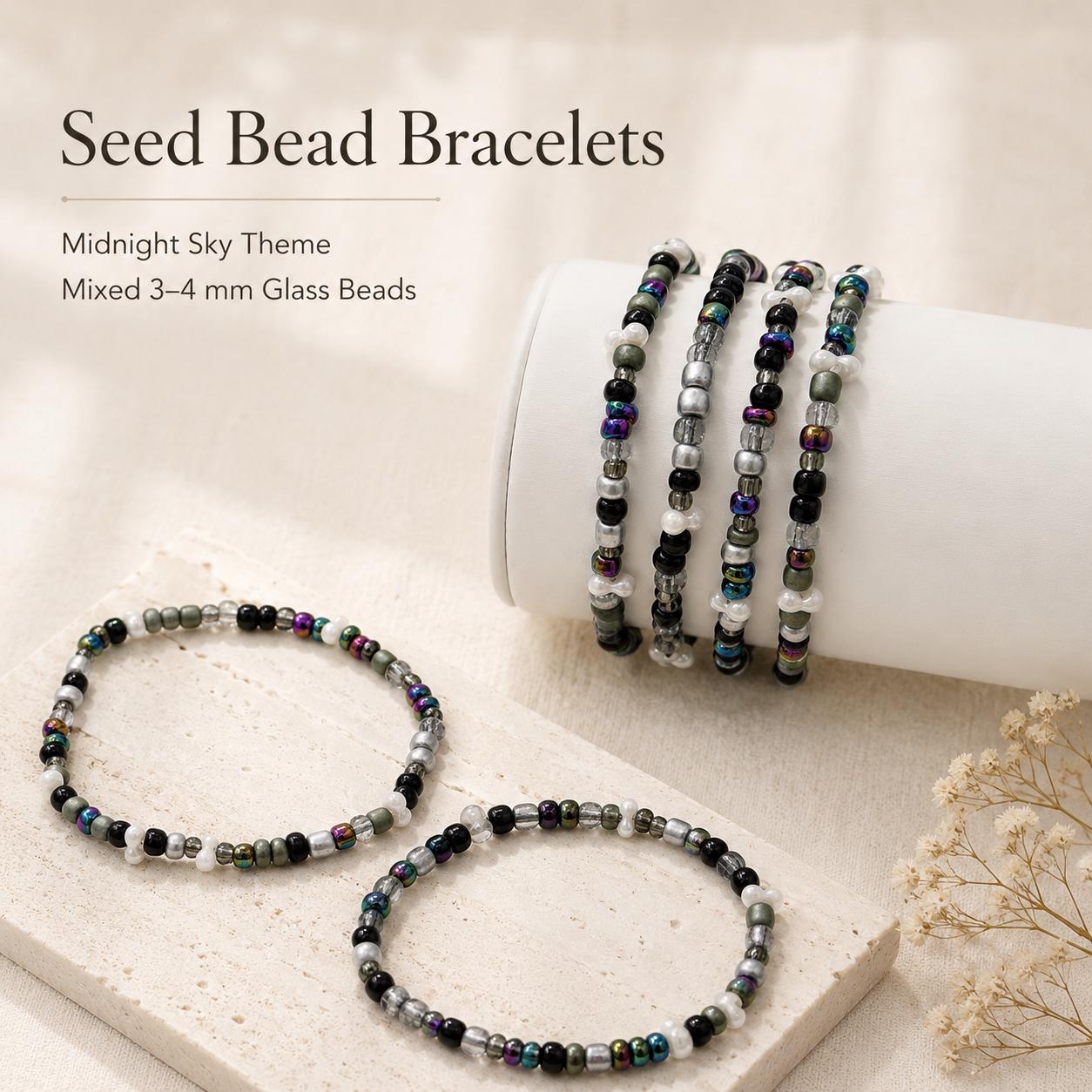 Midnight Sky Glass Seed Bead Bracelet, Iridescent Black Gray White, 3-4mm mixed bead