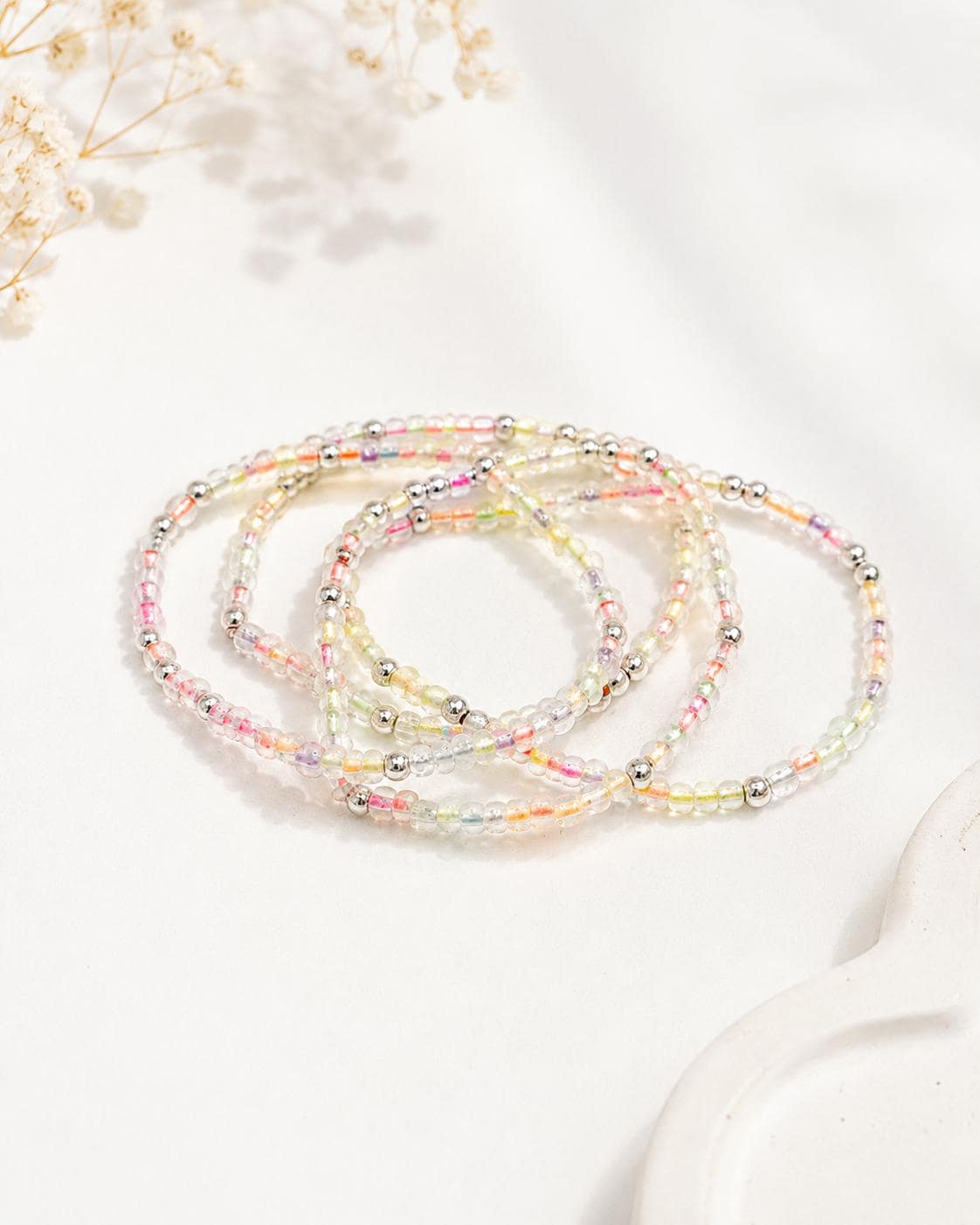 Pastel Glass Seed Bead Bracelet, 4mm Silver Accents, Stretch Bracelet, Semi Translucent Color Lined Beads