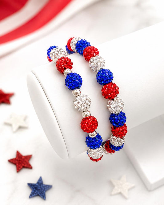 Red White Blue Sparkle Shamballa Bracelet, Patriotic 4th of July Bling Jewelry, USA Pride Crystal Bead Stack, Summer Holiday Party Fashion