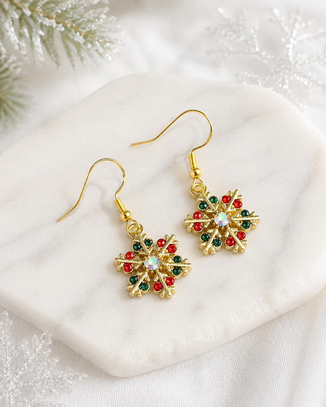 Red Green Snowflake Dangle Earrings