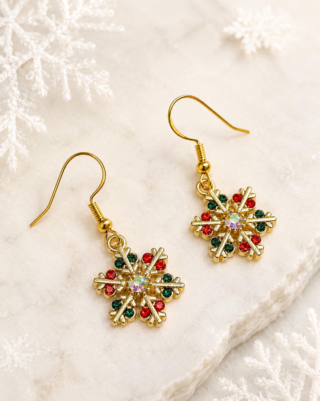 Red Green Snowflake Dangle Earrings