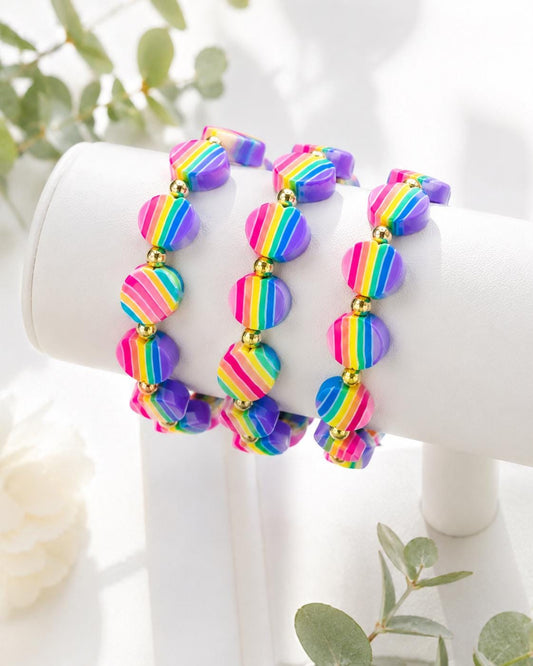 Rainbow Stripe Heart Beaded Bracelets - Share the Love! - Stretchy, No Clasp Design