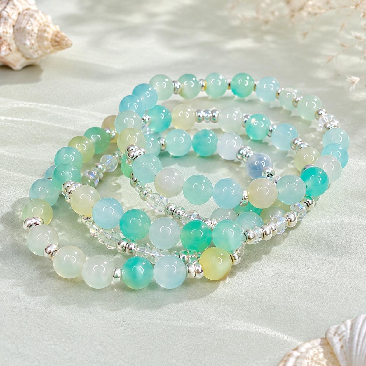 Seafoam Glass Bead Bracelet Stack