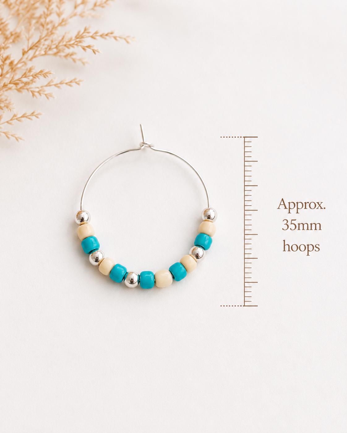 Turquoise Cream Seed Bead Hoop Earrings, 35mm Hypoallergenic Silver Hoops, Coastal Handmade Jewelry Gift