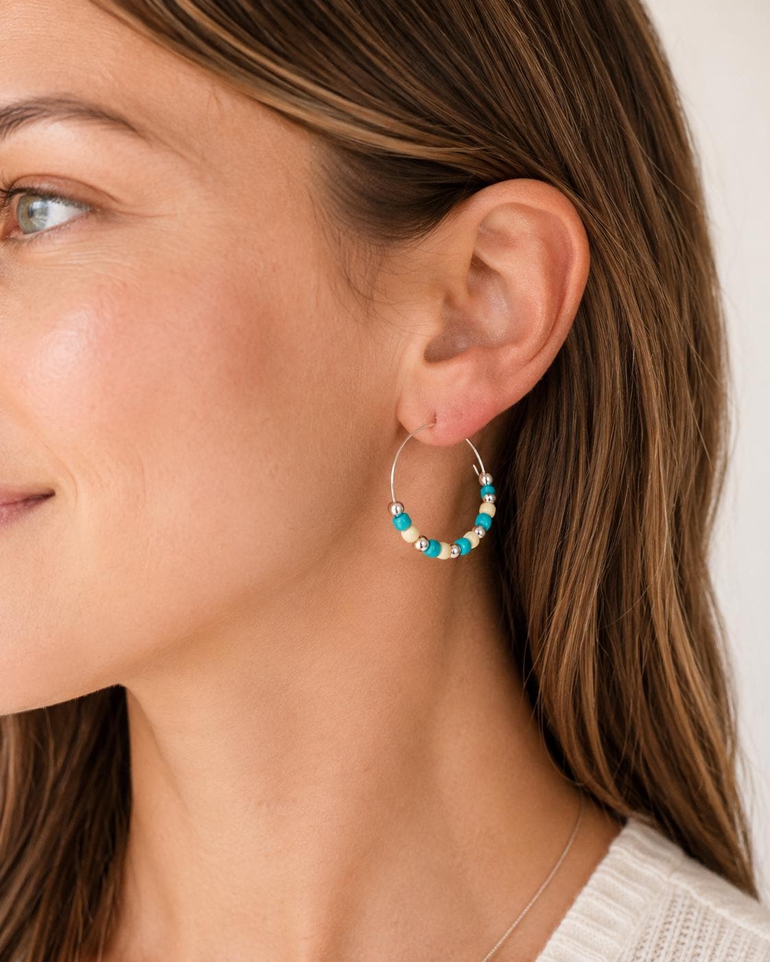 Turquoise Cream Seed Bead Hoop Earrings, 35mm Hypoallergenic Silver Hoops, Coastal Handmade Jewelry Gift