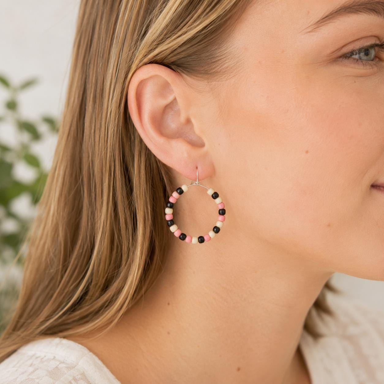Black Pink Cream Seed Bead Hoop Earrings, 35mm Hypoallergenic Silver Hoops, Handmade Beaded Earrings Gift