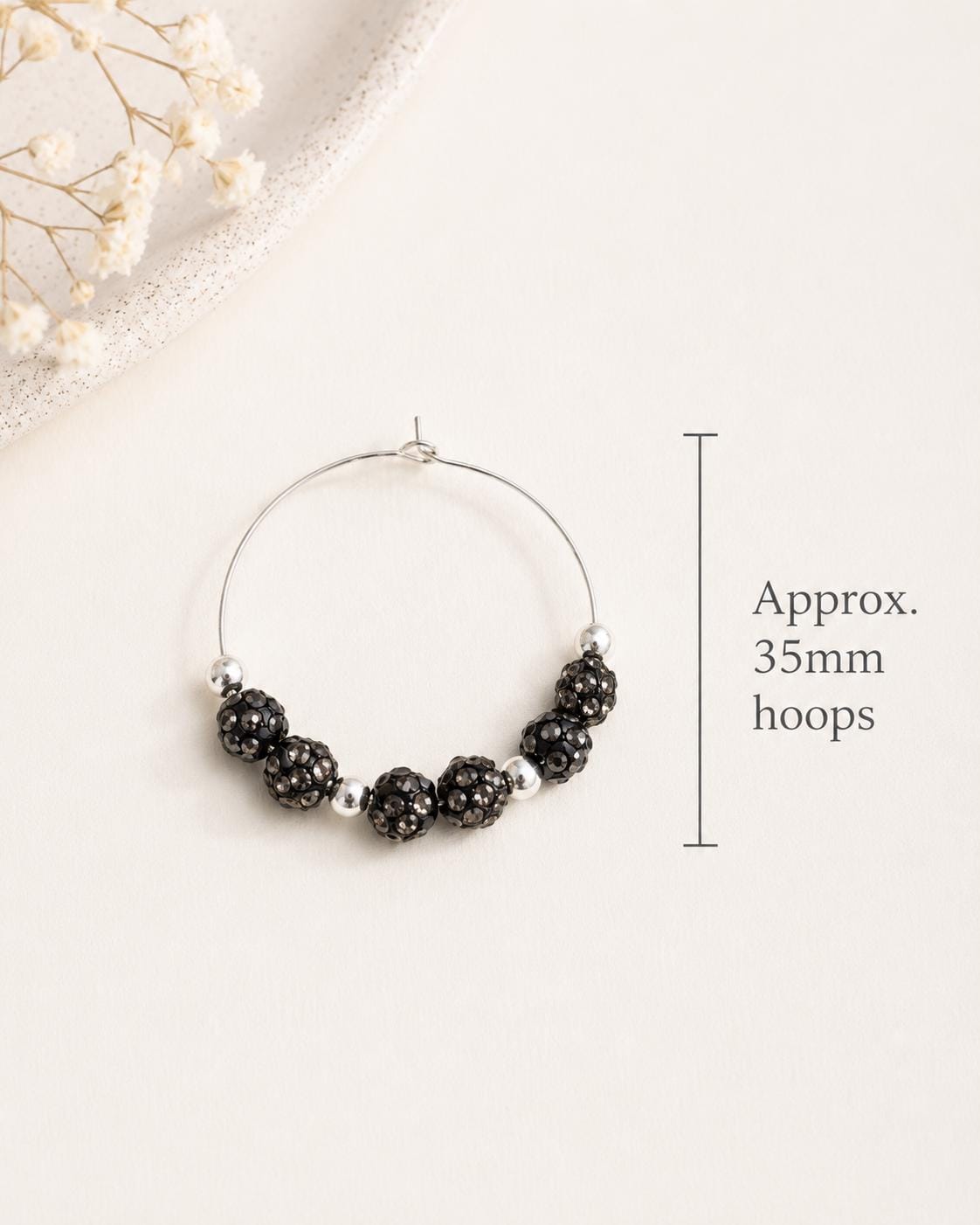 Gunmetal Black Rhinestone Hoop Earrings, 35mm Gray Beaded Hoops, Hypoallergenic Silver Handmade Earrings Gift