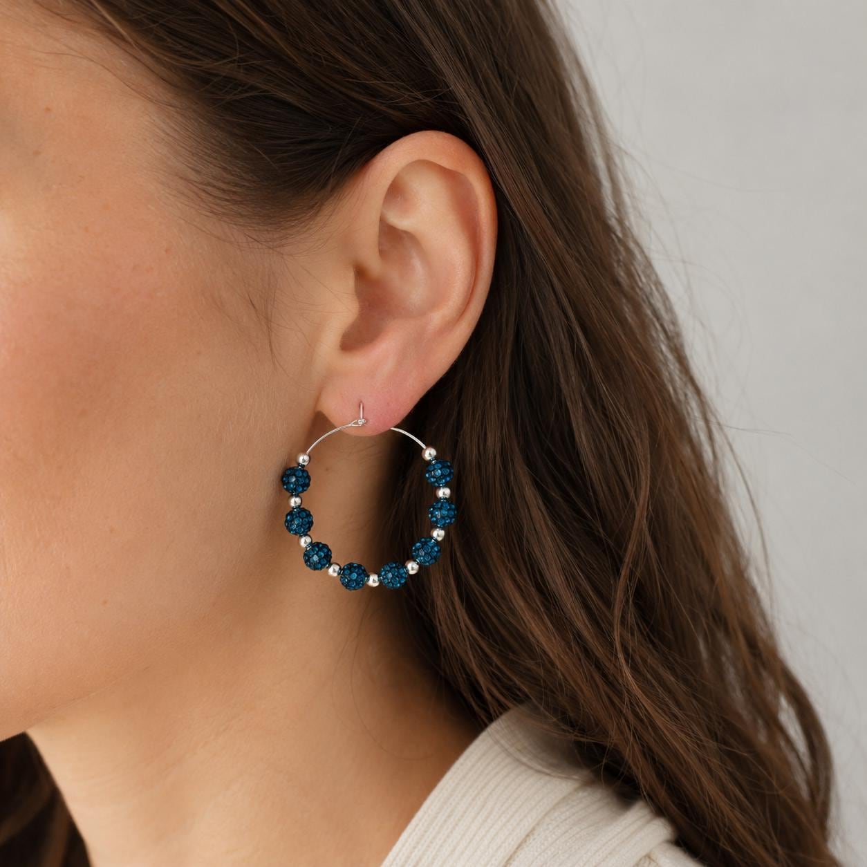 Turquoise Rhinestone Hoop Earrings, 35mm Beaded Silver Hoops, Hypoallergenic Handmade Sparkle Earrings Gift