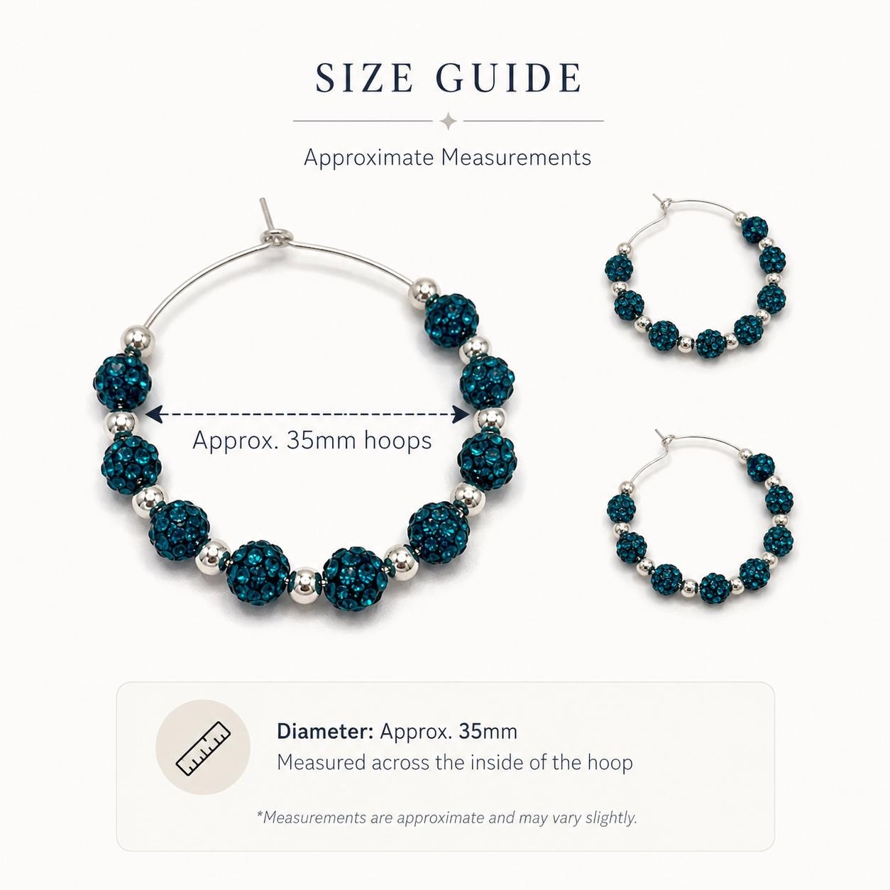 Turquoise Rhinestone Hoop Earrings, 35mm Beaded Silver Hoops, Hypoallergenic Handmade Sparkle Earrings Gift