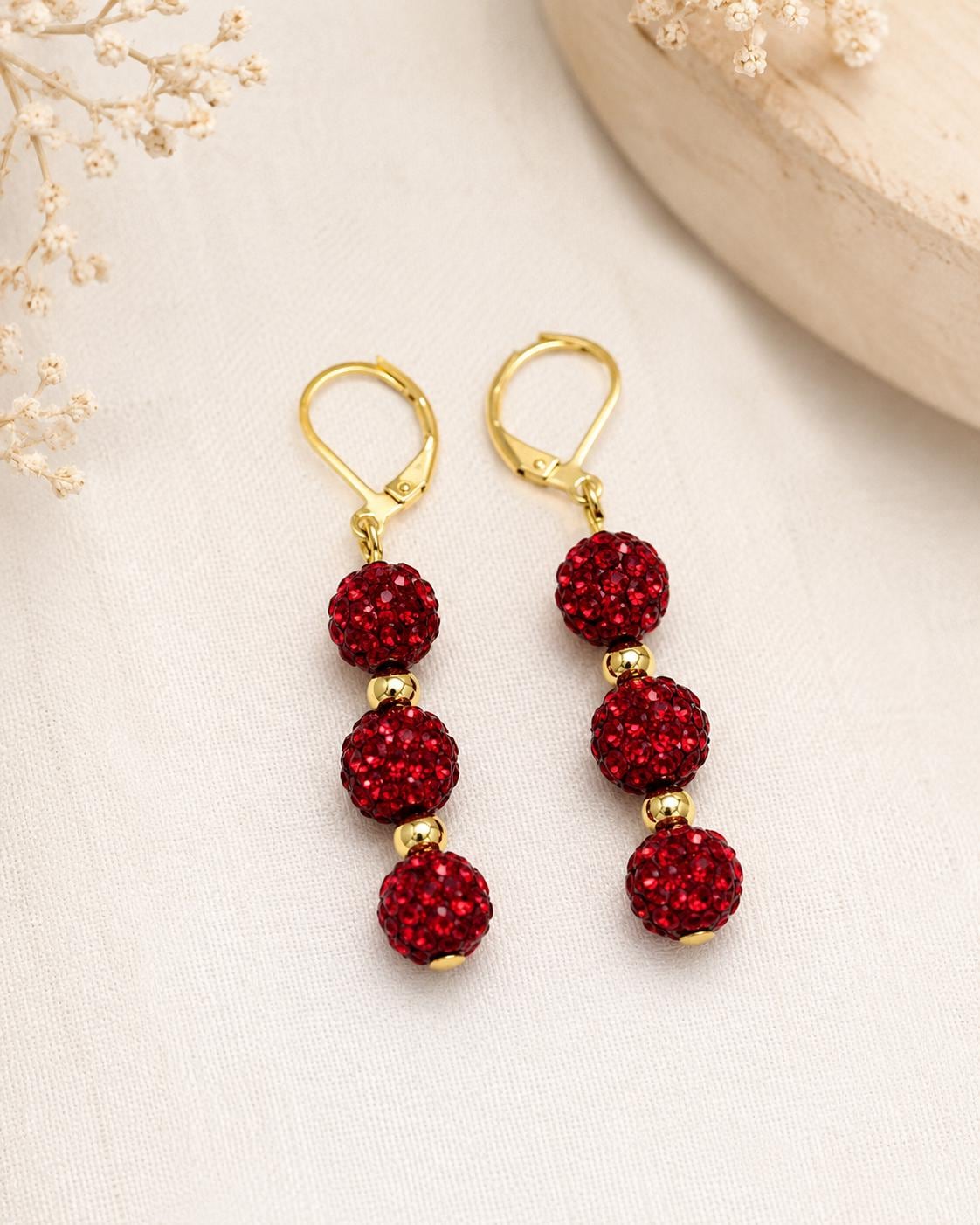 Red Rhinestone Drop Earrings, Gold Spacer Beaded Dangle Earrings, 2 Inch Hypoallergenic Gold Sparkle Jewelry Gift