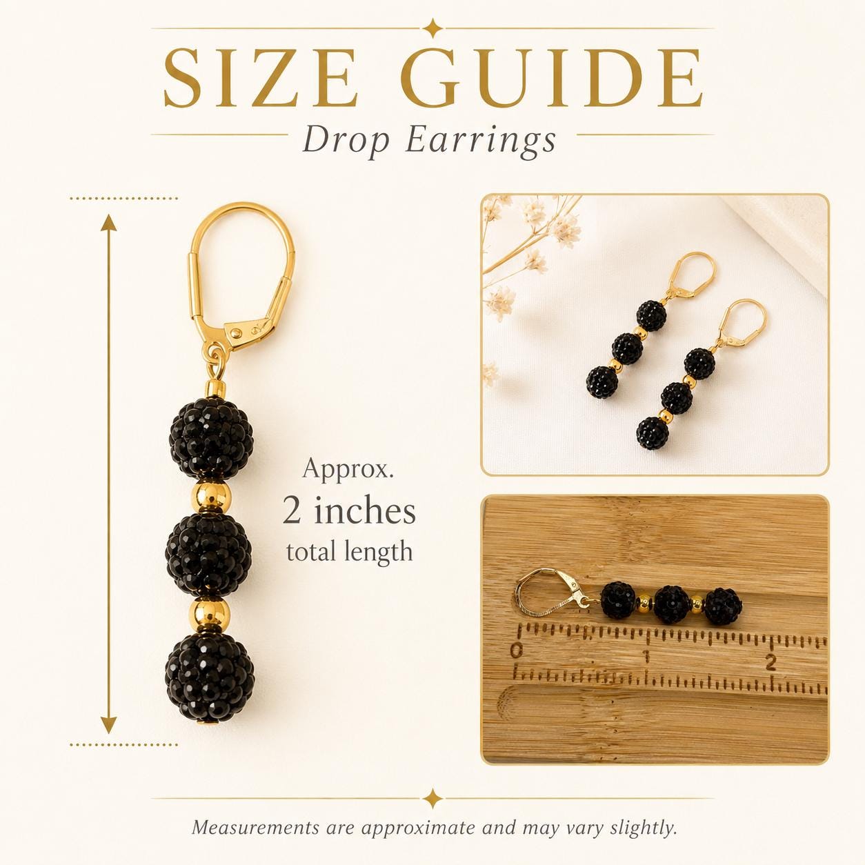Black Rhinestone Drop Earrings, Gold Spacer Beaded Dangle Earrings, 2 Inch Hypoallergenic Gold Sparkle Jewelry Gift