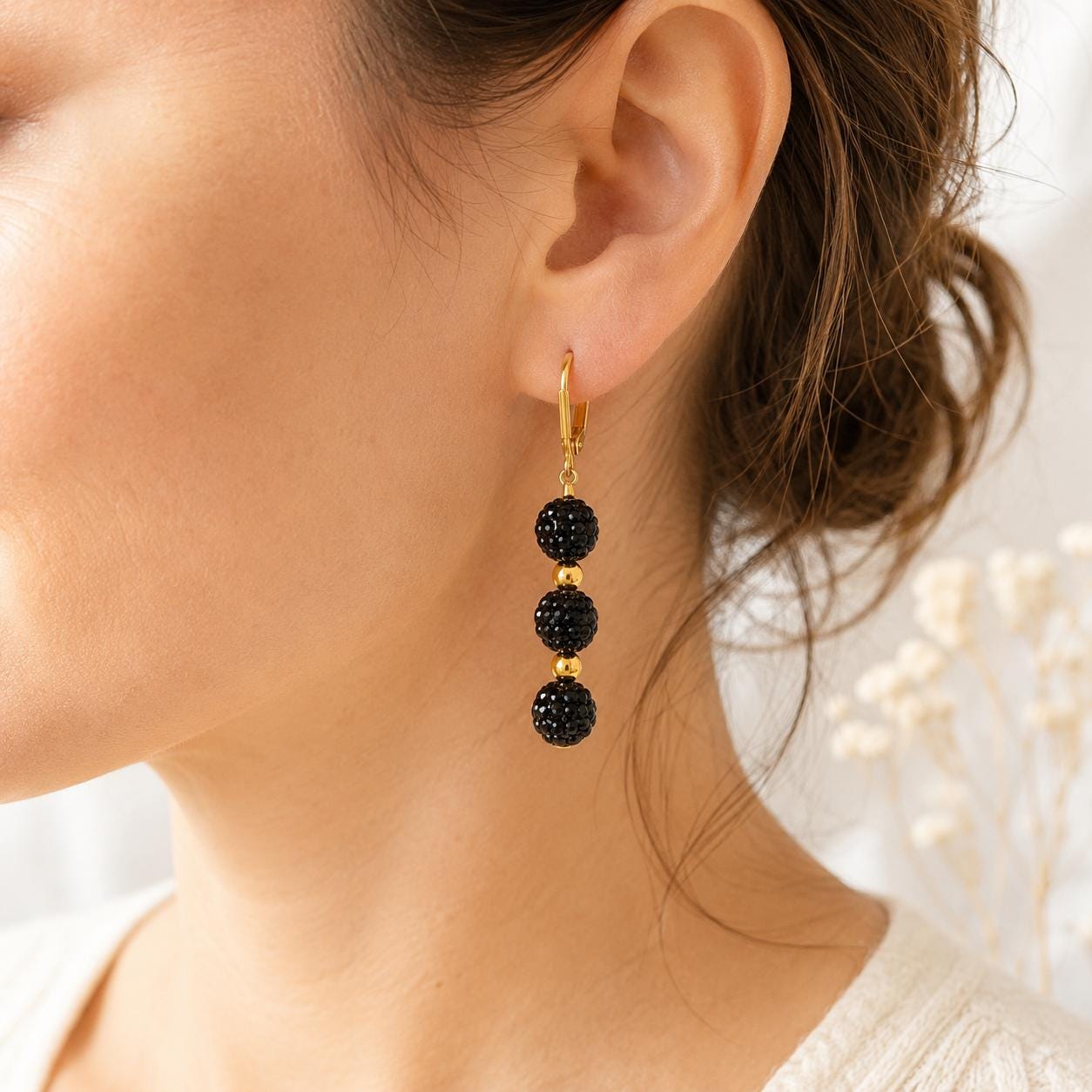 Black Rhinestone Drop Earrings, Gold Spacer Beaded Dangle Earrings, 2 Inch Hypoallergenic Gold Sparkle Jewelry Gift