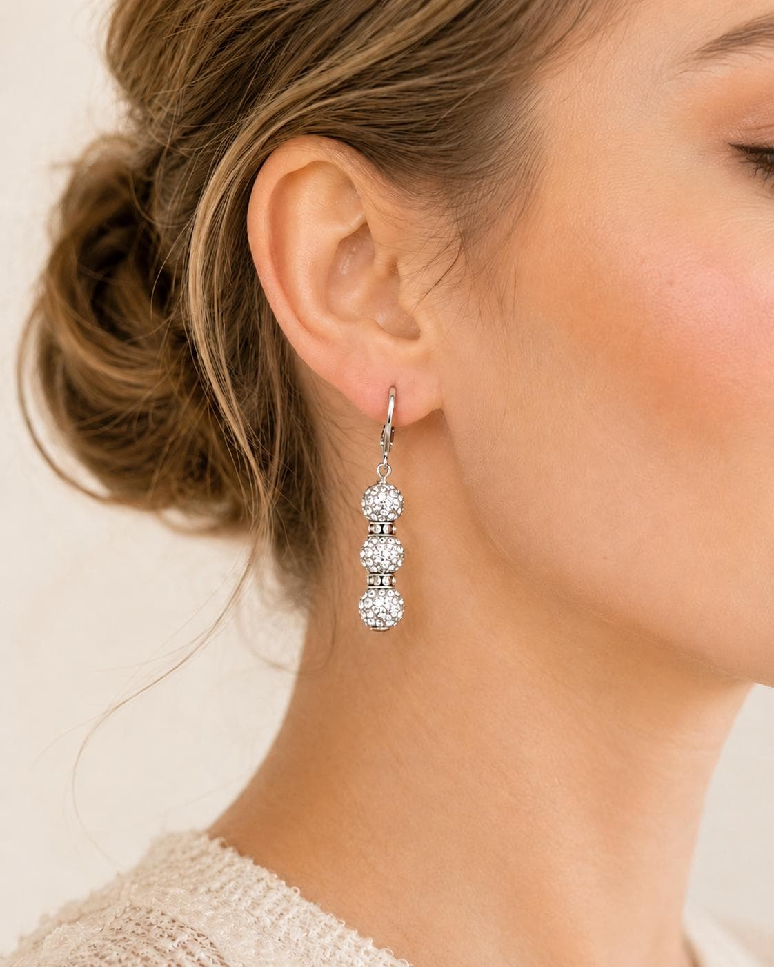 White Rhinestone Drop Earrings, Silver Crystal Spacer Dangle Earrings, 1.5 Inch Hypoallergenic Silver Jewelry Gift