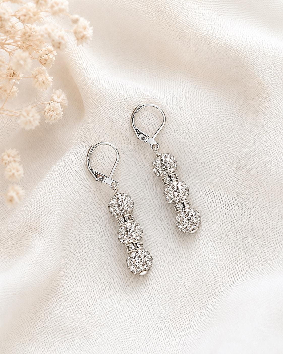 White Rhinestone Drop Earrings, Silver Crystal Spacer Dangle Earrings, 1.5 Inch Hypoallergenic Silver Jewelry Gift
