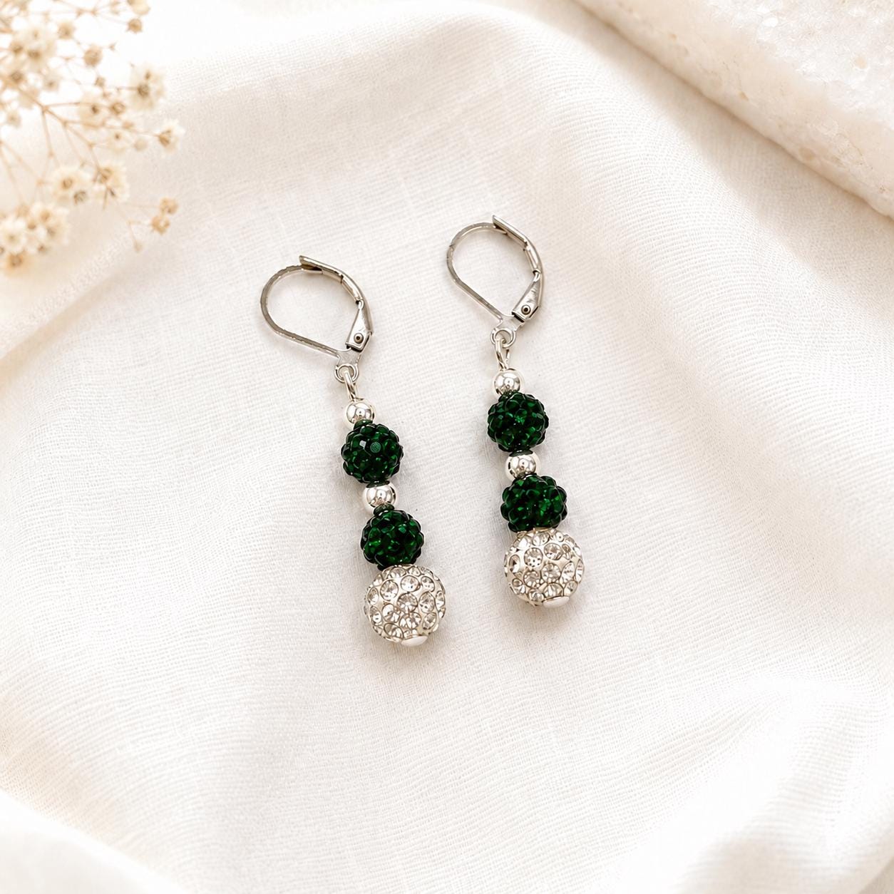 Emerald Green Rhinestone Drop Earrings, White Silver Spacer Dangles, 1.5 Inch Hypoallergenic Silver Jewelry Gift