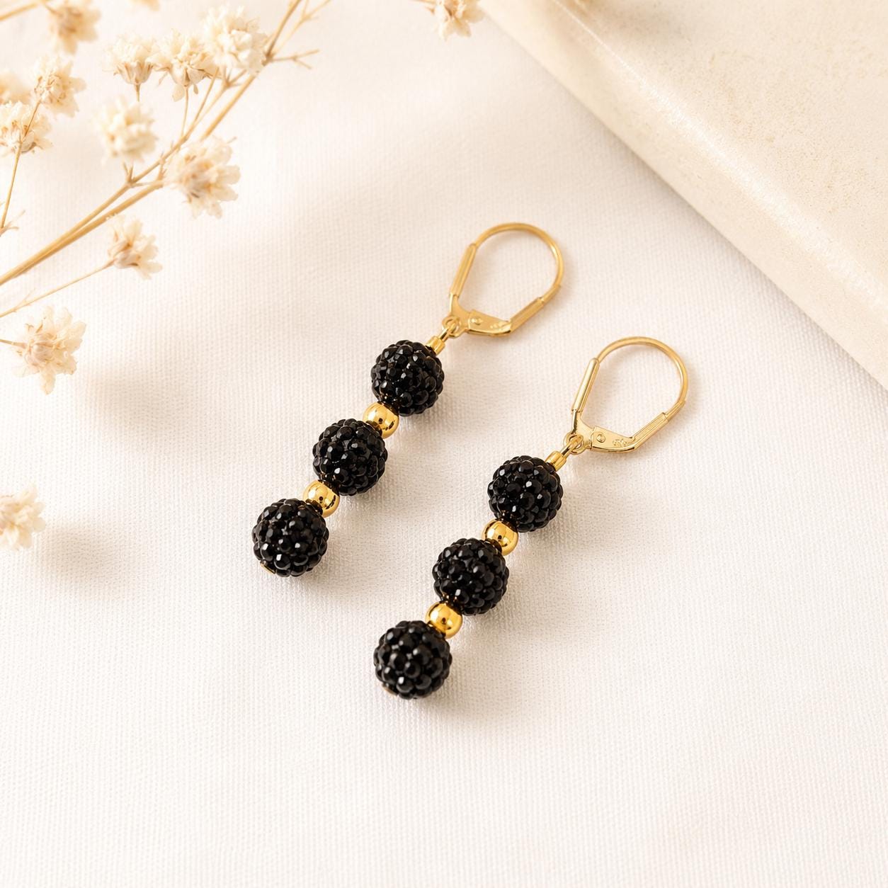 Black Rhinestone Drop Earrings, Gold Spacer Beaded Dangle Earrings, 2 Inch Hypoallergenic Gold Sparkle Jewelry Gift
