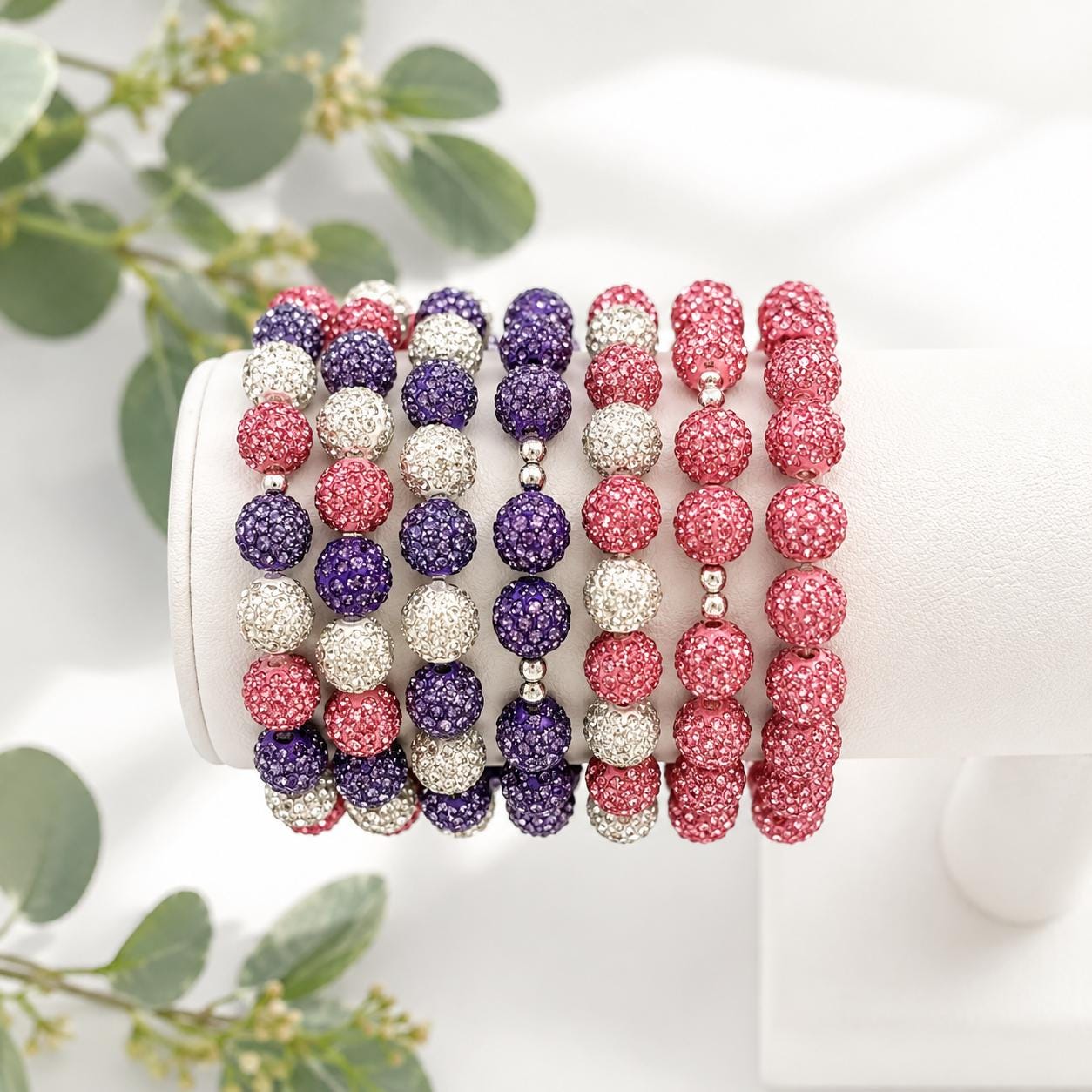 Spring Rhinestone Beaded Bracelets- Pink Purple White