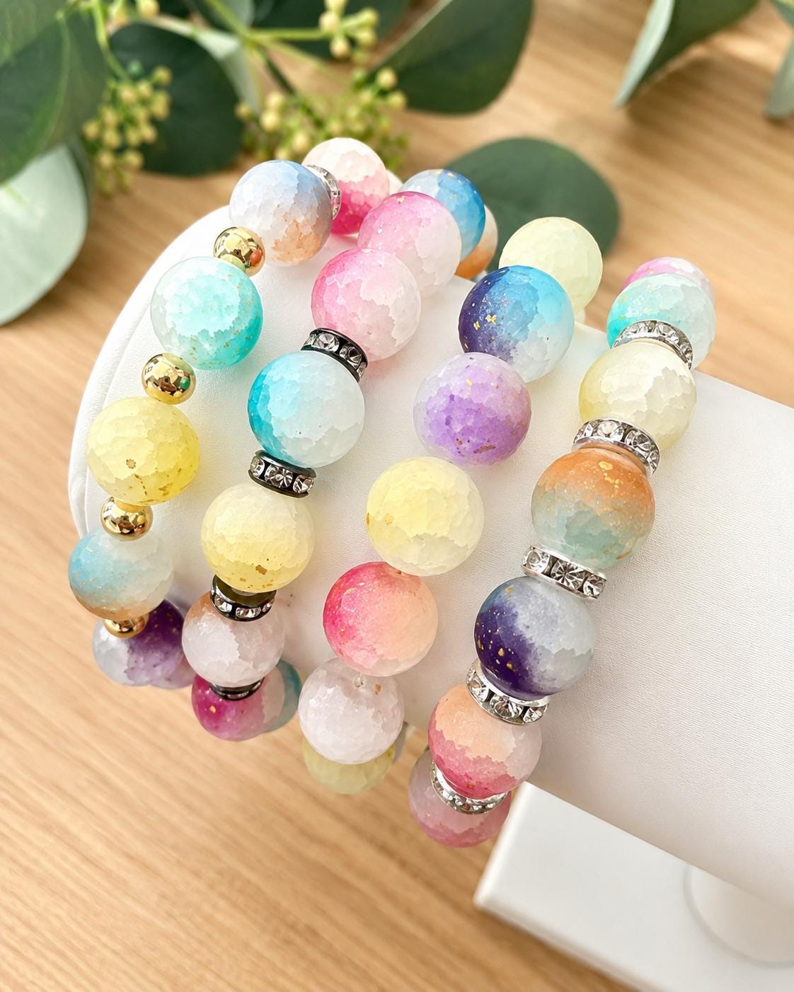 Frosted Pastel Glass Bracelets with Gold Glitter