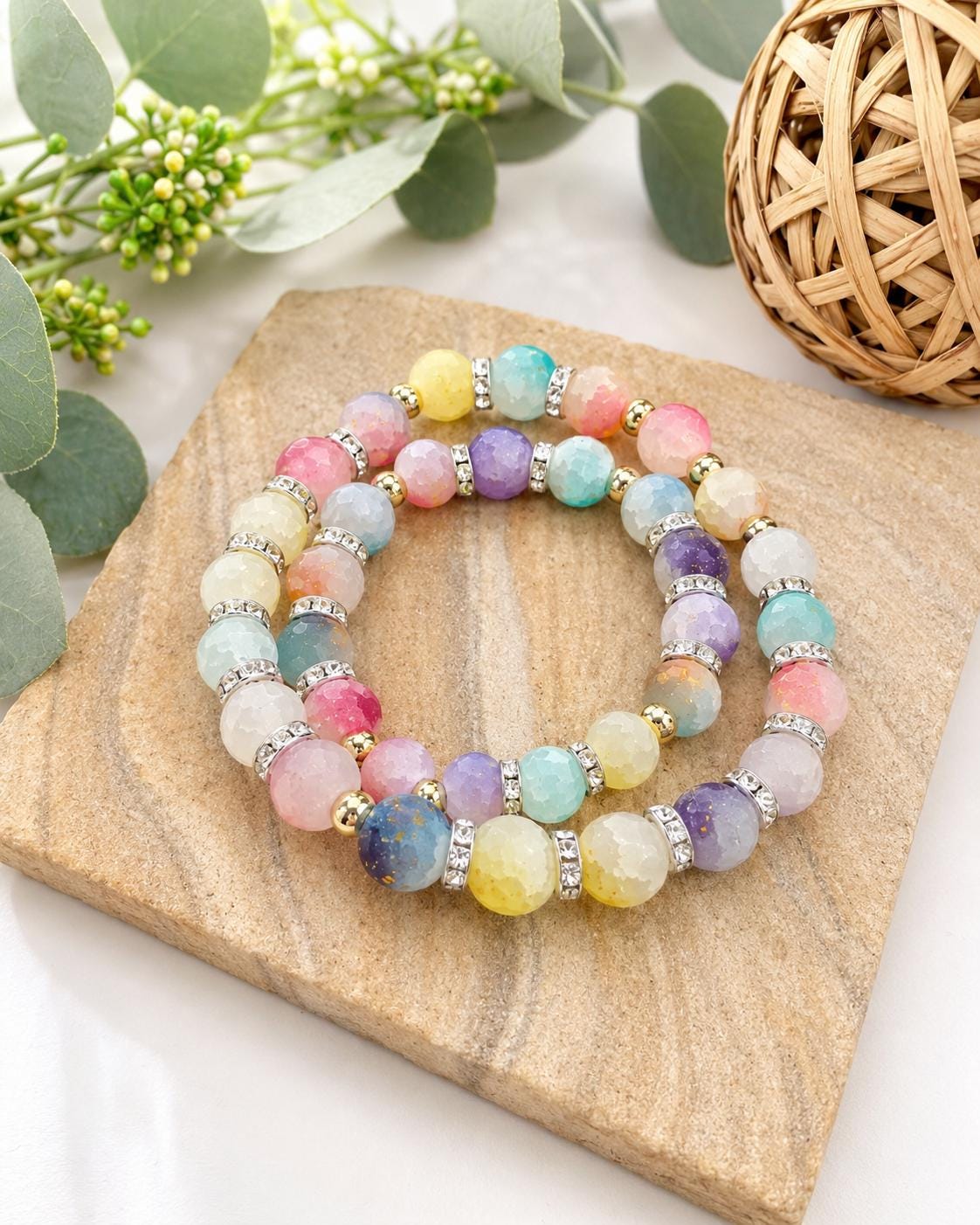 Frosted Pastel Glass Bracelets with Gold Glitter
