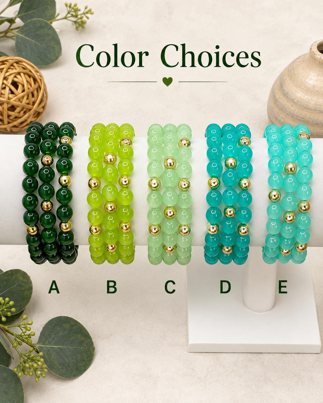 Green Glass Beaded Bracelets- 14k Gold Accents