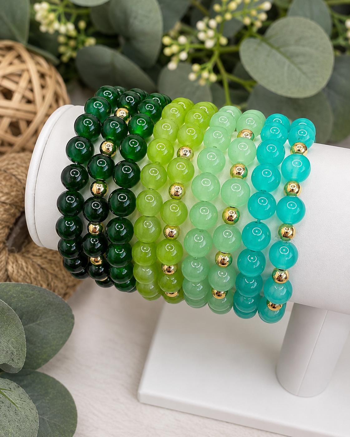 Green Glass Beaded Bracelets- 14k Gold Accents