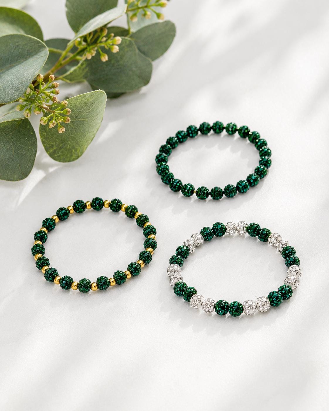 Green & White Rhinestone Bracelet- 6mm Bead