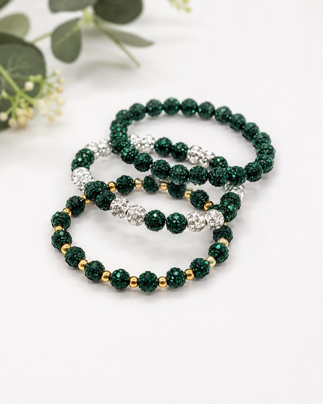 Green & White Rhinestone Bracelet- 6mm Bead